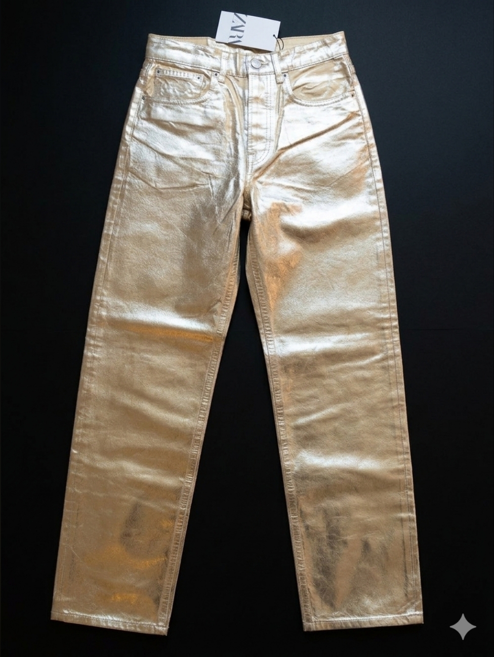 ZARA Silver Metallic Straight Leg Pants NWT High Rise Size 6 Statement Jeans